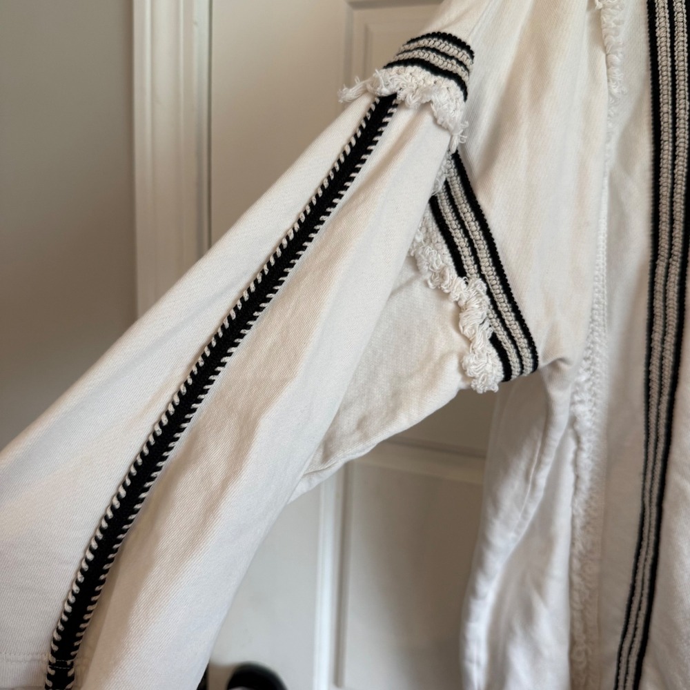 Loft shag fringe trim cream black striped cotton blouse top Anthropologie work - Picture 3 of 5